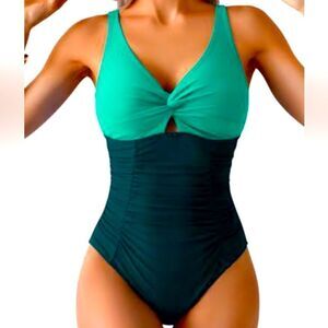 Eomenie One Piece Swimsuit Tummy Control Ruched Twist Front Cutout Tie Back NWT
